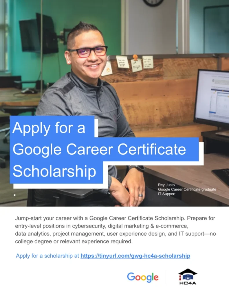 A flyer about Google Career Certificate Scholarship.